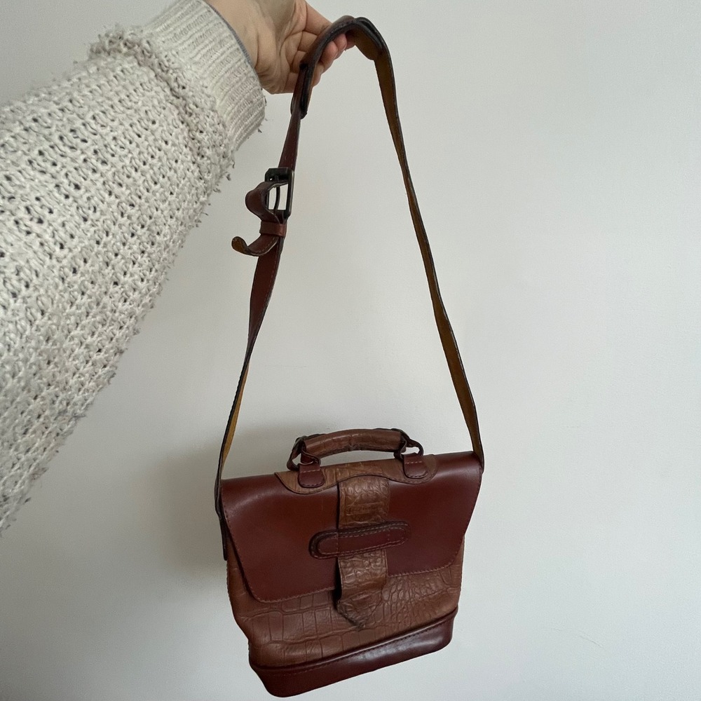 Geno D'Lucca Vintage Leather Croc Embossed Shoulder Bag Satchel Brown - Picture 5 of 11